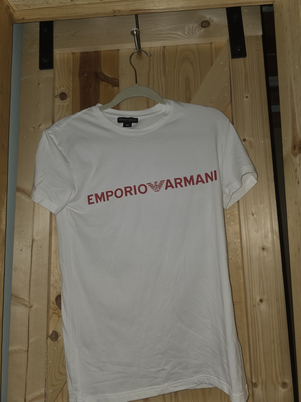Emporio Armani White Short-Sleeve Logo Tee with Red Script